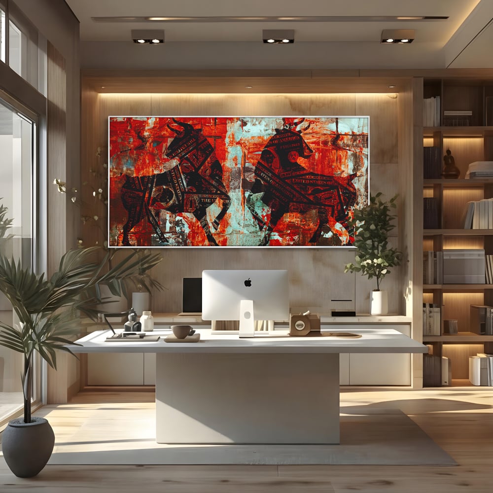 Tablou canvas cu tablou canvas cu tauri din bancnote, in rama de aluminiu argintiu, pe perete intr-un birou